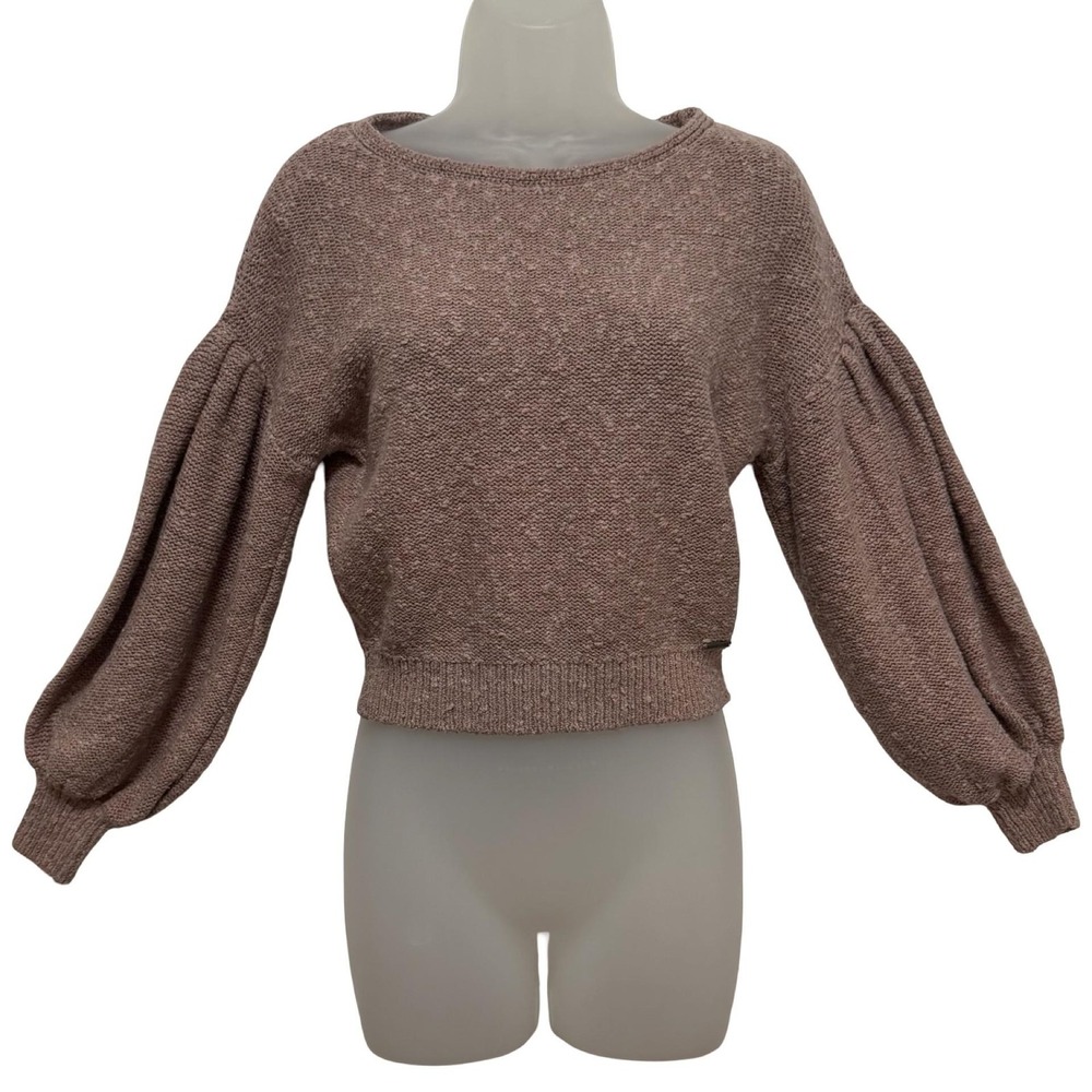 Abercrombie & Fitch Sweater Womens XS Taupe Cropped Balloon Sleeve Textured Knit - Picture 6 of 16